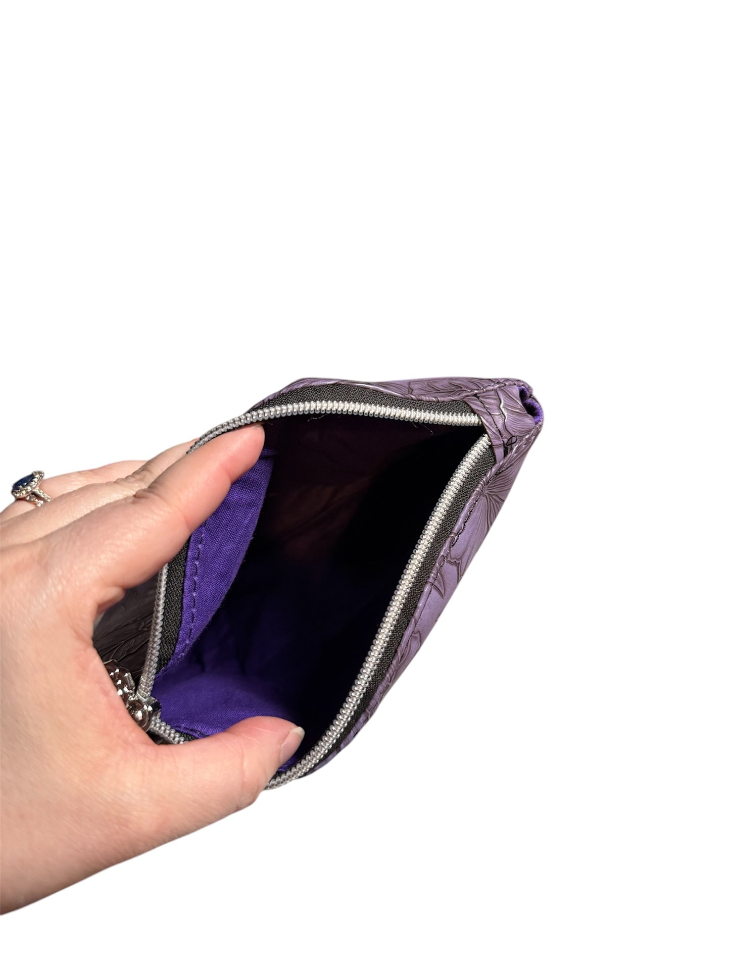 Purple Embossed Flower Heart Cutout Zipper Pouch