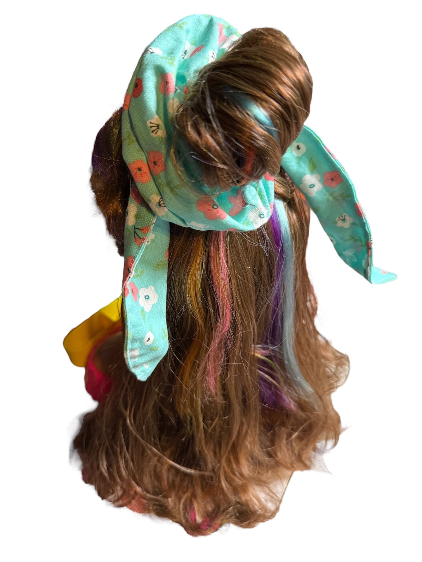 Teal Flowers Scrunchie Medium Sized W/ Hanging Ears