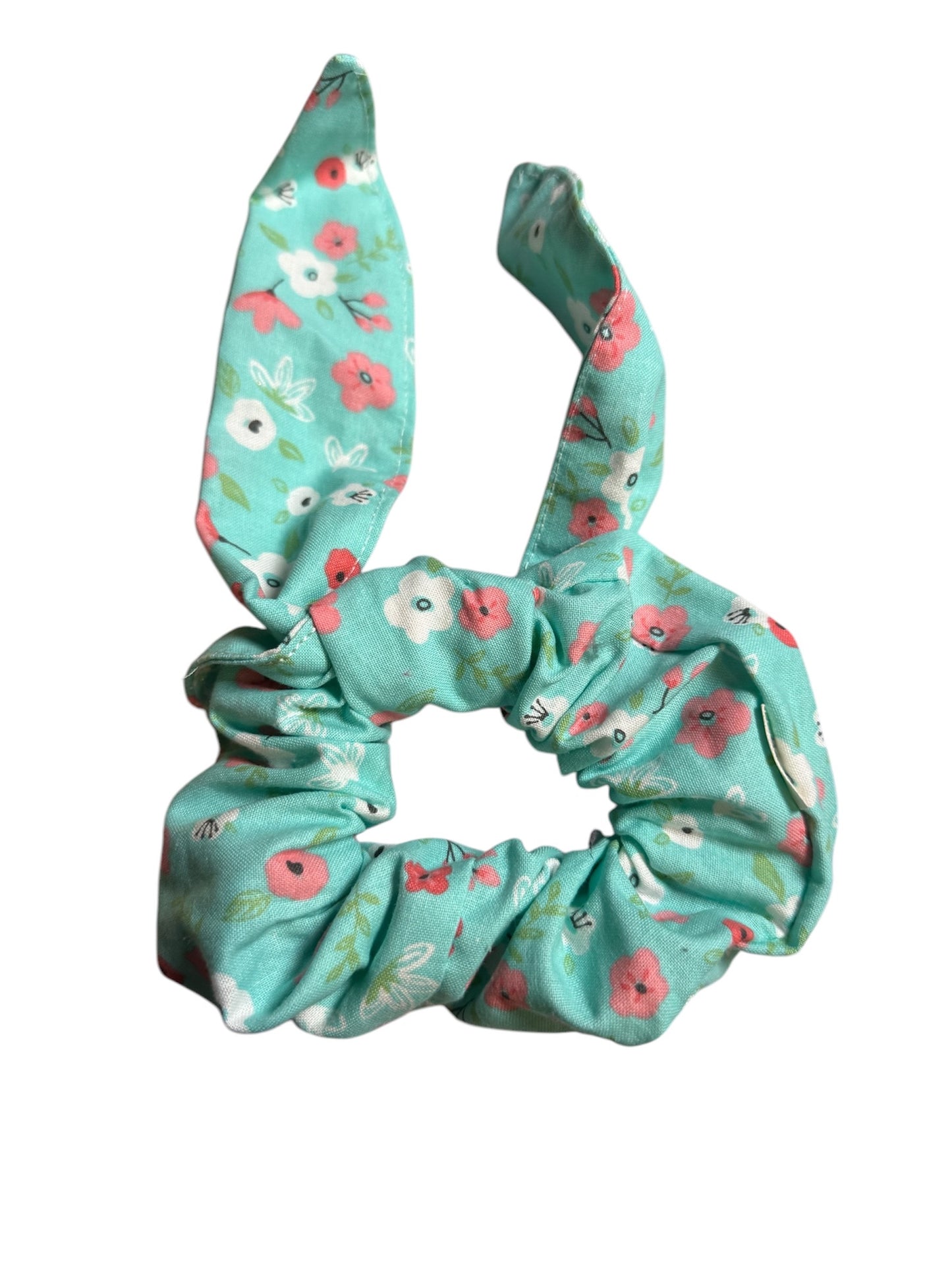 Teal Flowers Scrunchie Medium Sized W/ Hanging Ears