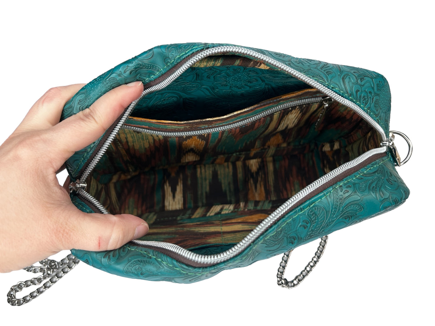 Embossed Teal Shoulder Handbag