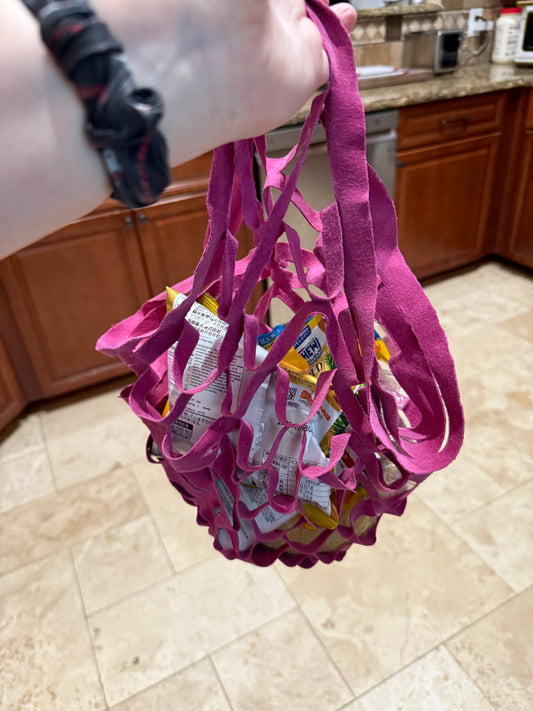 Pink Leather Mesh Market Bag, Carry Bah, Grocery Bag