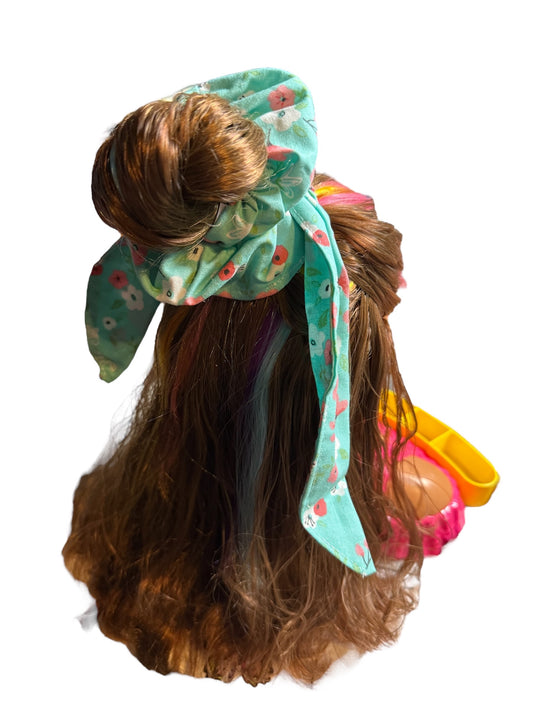 Teal Flowers Scrunchie Medium Sized W/ Hanging Ears