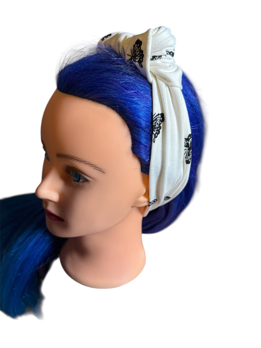 Black Butterflies in White Adjustable Knot Headband