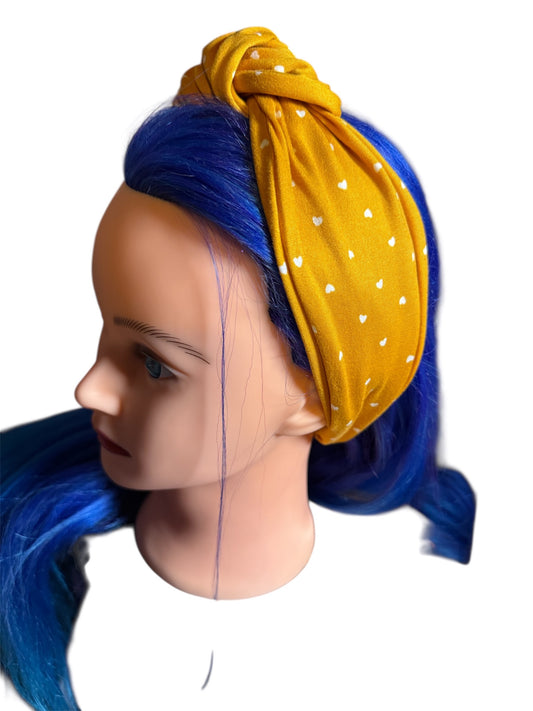 Mustard with White Hearts Adjustable Knot Headband